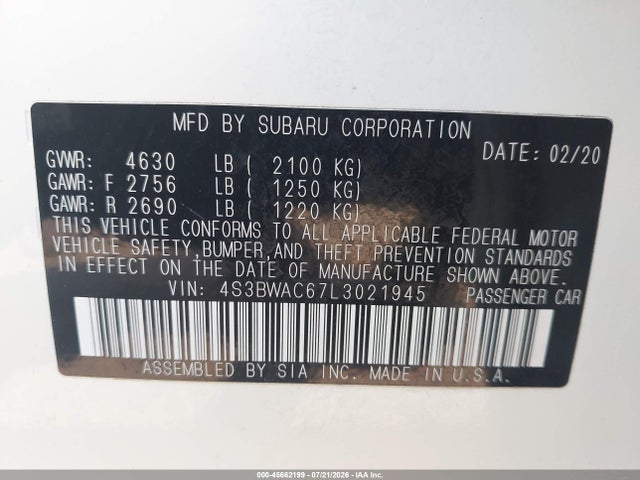 Aukcja sprzedaży 2020 Subaru Legacy Premium, vin: 4S3BWAC67L3021945, numer aukcji: 45662199