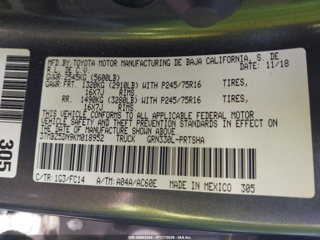3TMBZ5DN9KM018952 Toyota Tacoma Sr5