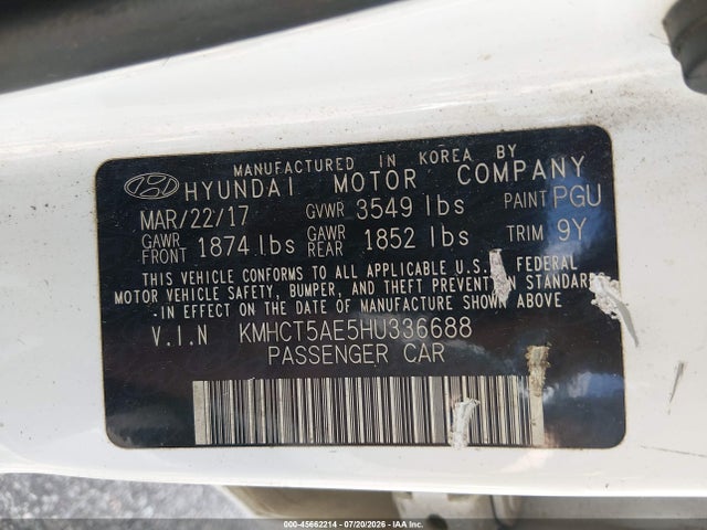 2017 Hyundai Accent Se მანქანა იყიდება აუქციონზე, vin: KMHCT5AE5HU336688, აუქციონის ნომერი: 45662214