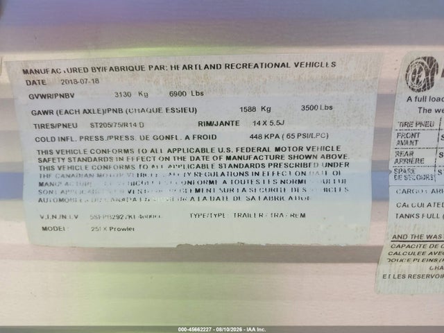 Продаж на аукціоні авто 2019 Heartland Rvs Prowler, vin: 5SFPB29B7KE400066, номер лоту: 45662227