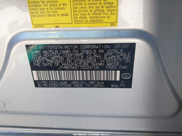 45662230 :رقم المزاد ، JTHBE96S170026106 vin ، 2007 Lexus Gs 350 مزاد بيع