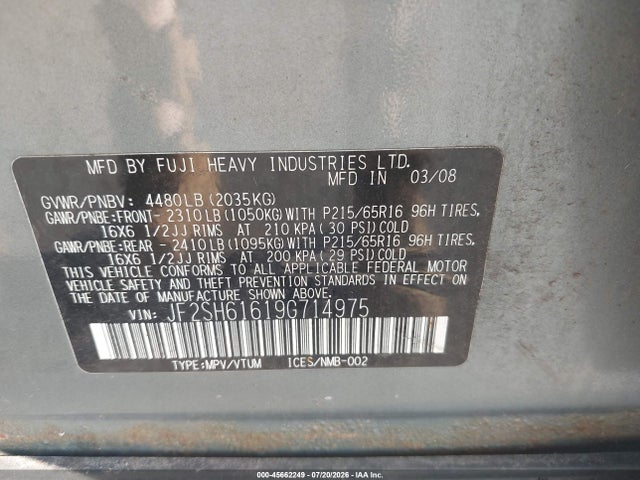 Продаж на аукціоні авто 2009 Subaru Forester 2.5x, vin: JF2SH61619G714975, номер лоту: 45662249