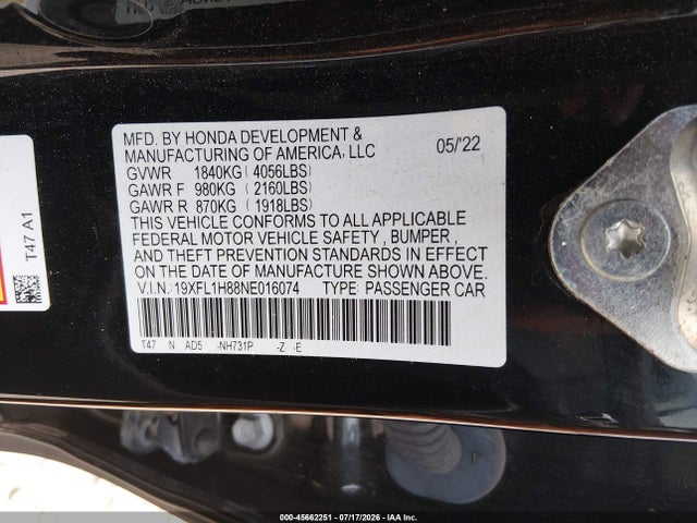 Продажа на аукционе авто 2022 Honda Civic Sport Touring, vin: 19XFL1H88NE016074, номер лота: 45662251