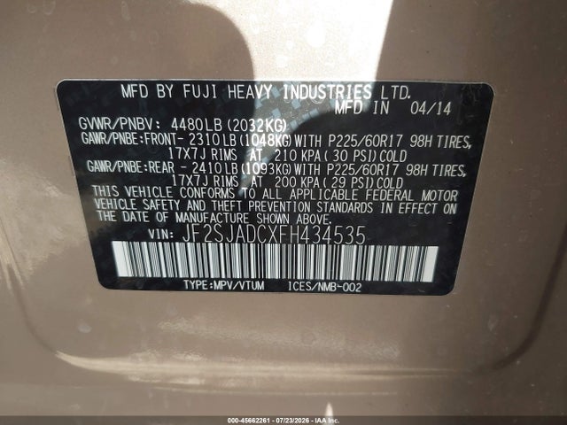 Aukcja sprzedaży 2015 Subaru Forester 2.5i Premium, vin: JF2SJADCXFH434535, numer aukcji: 45662261