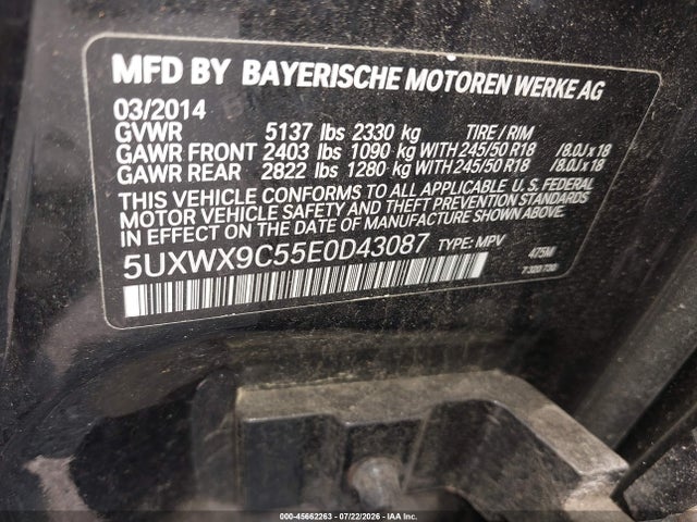 2014 Bmw X3 Xdrive28i მანქანა იყიდება აუქციონზე, vin: 5UXWX9C55E0D43087, აუქციონის ნომერი: 45662263