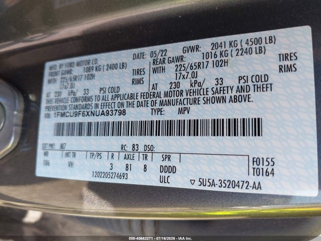 Ford ESCAPE S 2022 1FMCU9F6XNUA93798 Image 9