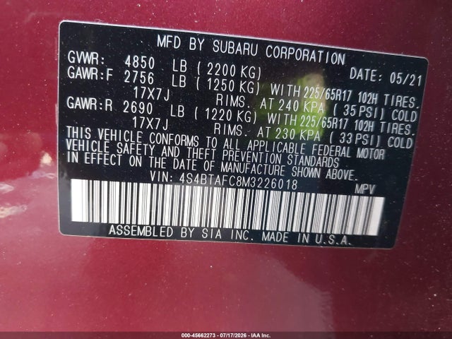 Aukcja sprzedaży 2021 Subaru Outback Premium, vin: 4S4BTAFC8M3226018, numer aukcji: 45662273