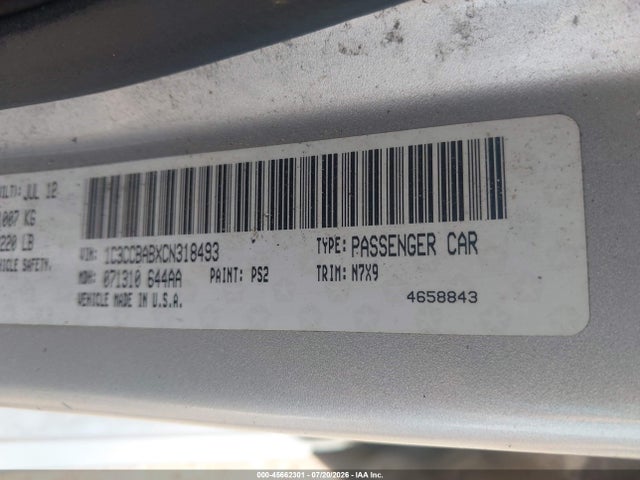 45662301 :رقم المزاد ، 1C3CCBABXCN318493 vin ، 2012 Chrysler 200 Lx مزاد بيع