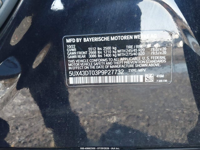 Aukcja sprzedaży 2023 Bmw X4 M40i, vin: 5UX43DT03P9P27732, numer aukcji: 45662305
