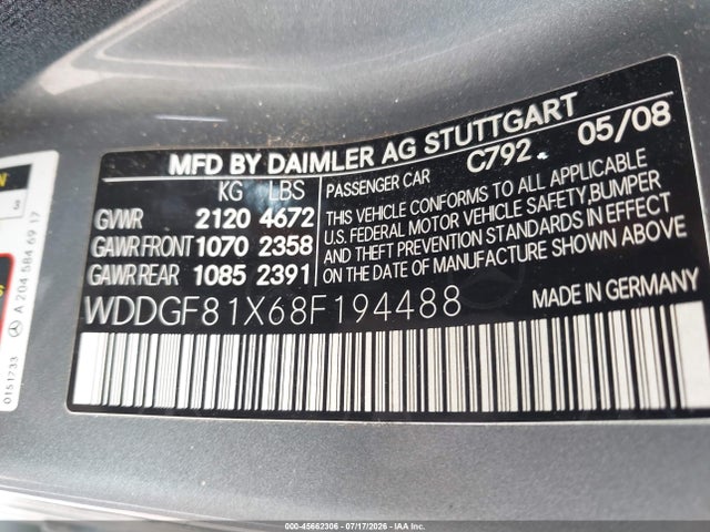 45662306 :رقم المزاد ، WDDGF81X68F194488 vin ، 2008 Mercedes-benz C 300 Luxury 4matic/sport 4matic مزاد بيع