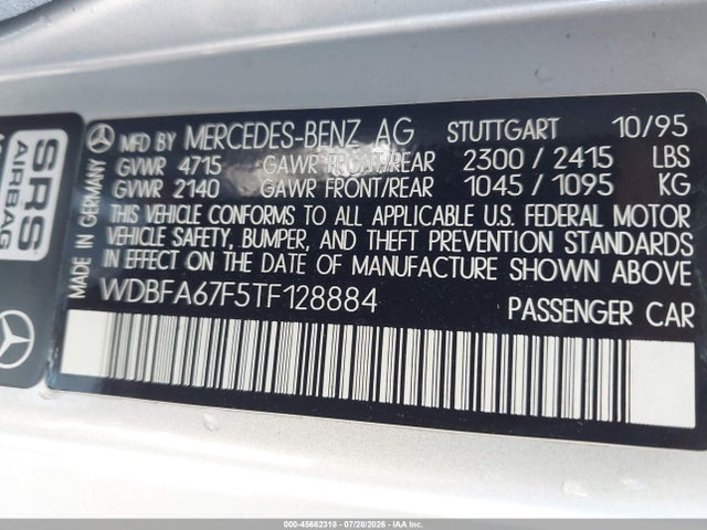Aukcja sprzedaży 1996 Mercedes-benz Sl 500, vin: WDBFA67F5TF128884, numer aukcji: 45662318