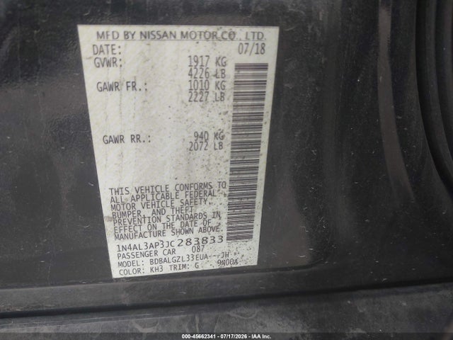 2018 Nissan Altima 2.5 S მანქანა იყიდება აუქციონზე, vin: 1N4AL3AP3JC283833, აუქციონის ნომერი: 45662341