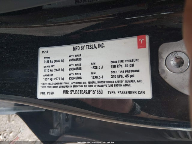 Aukcja sprzedaży 2018 Tesla Model 3 Long Range/mid Range, vin: 5YJ3E1EA9JF151850, numer aukcji: 45662342