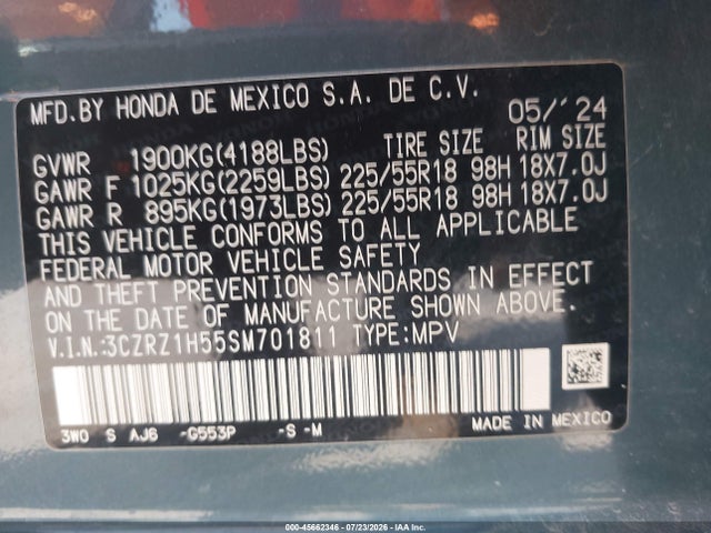 Продаж на аукціоні авто 2025 Honda Hr-v 2wd Sport, vin: 3CZRZ1H55SM701811, номер лоту: 45662346