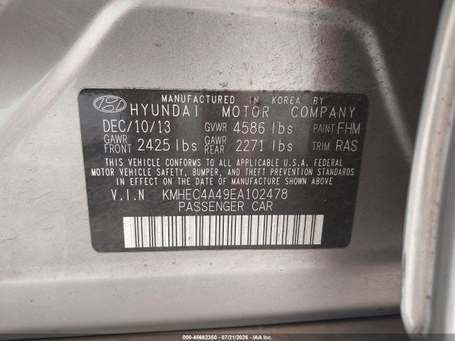 Hyundai Sonata Hybrid Limited 2014 KMHEC4A49EA102478 Image 9