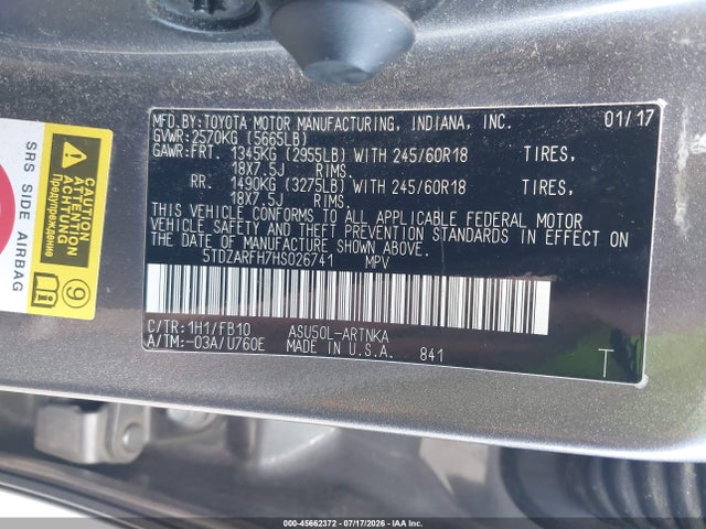 45662372 :رقم المزاد ، 5TDZARFH7HS026741 vin ، 2017 Toyota Highlander Le مزاد بيع