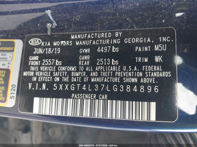 2020 Kia Optima Lx მანქანა იყიდება აუქციონზე, vin: 5XXGT4L37LG384896, აუქციონის ნომერი: 45662376