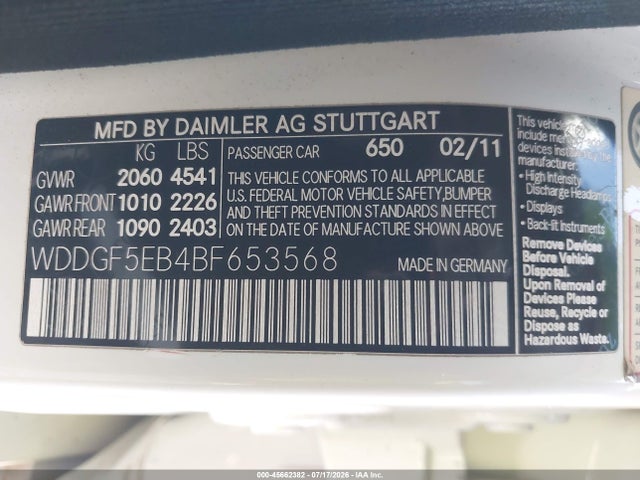 45662382 :رقم المزاد ، WDDGF5EB4BF653568 vin ، 2011 Mercedes-benz C 300 Luxury/sport مزاد بيع