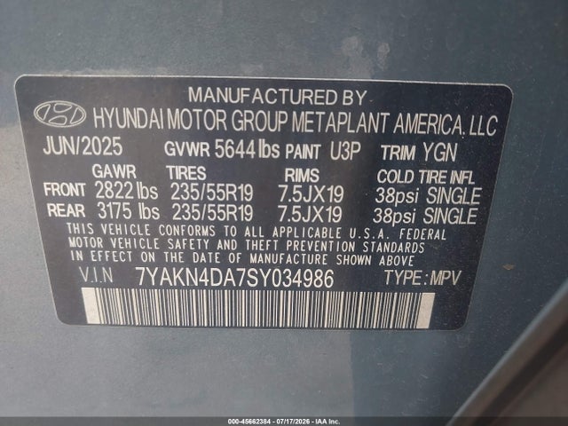 Aukcja sprzedaży 2025 Hyundai Ioniq 5 Sel, vin: 7YAKN4DA7SY034986, numer aukcji: 45662384