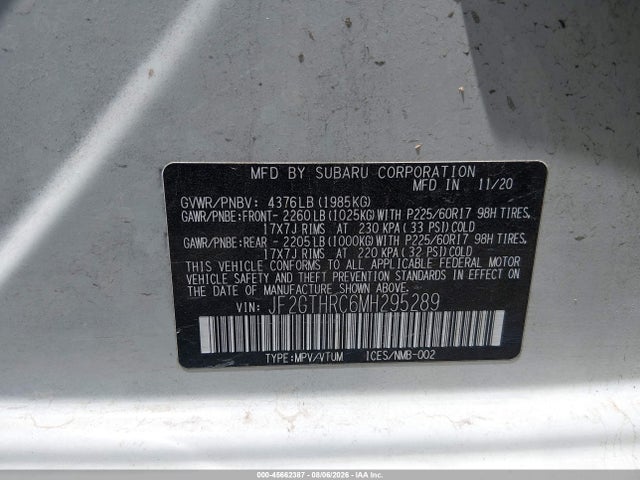 Продаж на аукціоні авто 2021 Subaru Crosstrek Sport, vin: JF2GTHRC6MH295289, номер лоту: 45662387