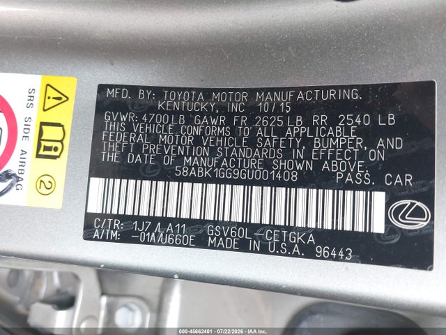 Aukcja sprzedaży 2016 Lexus Es 350, vin: 58ABK1GG9GU001408, numer aukcji: 45662401
