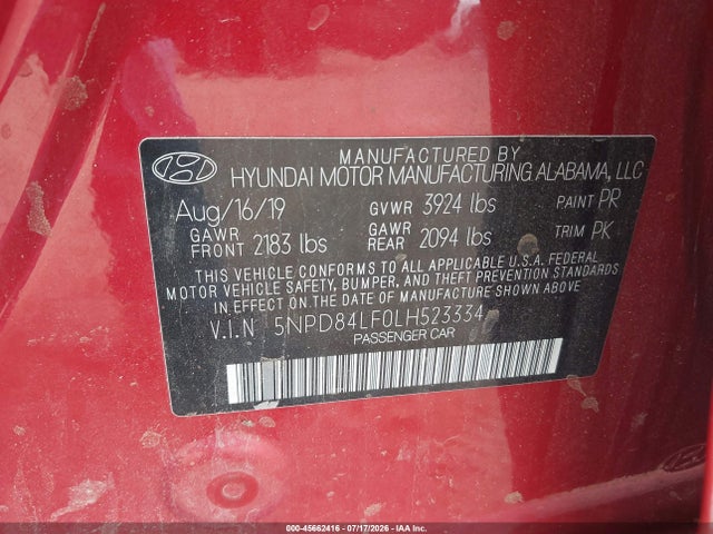 Продаж на аукціоні авто 2020 Hyundai Elantra Sel, vin: 5NPD84LF0LH523334, номер лоту: 45662416
