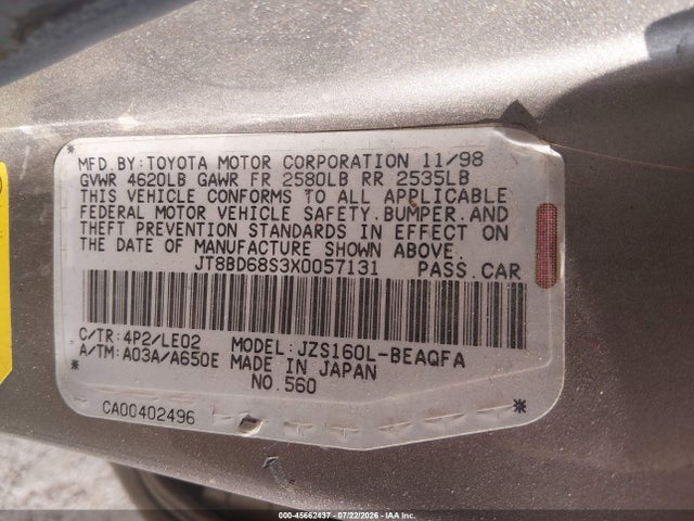 45662437 :رقم المزاد ، JT8BD68S3X0057131 vin ، 1999 Lexus Gs 300 مزاد بيع