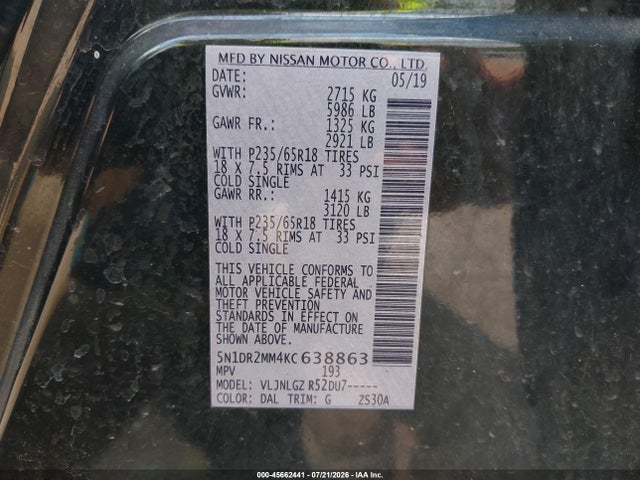 2019 Nissan Pathfinder Sl მანქანა იყიდება აუქციონზე, vin: 5N1DR2MM4KC638863, აუქციონის ნომერი: 45662441