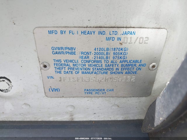 Продажа на аукционе авто 2002 Subaru Forester L, vin: JF1SF63562H756332, номер лота: 45662484