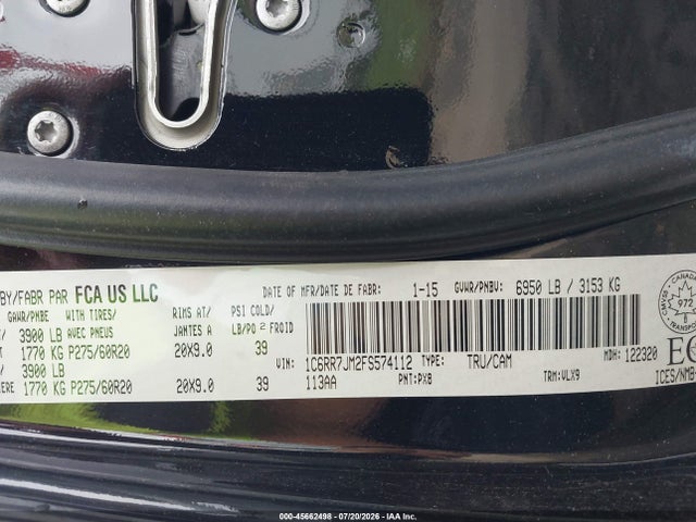 Продаж на аукціоні авто 2015 Ram 1500 Laramie, vin: 1C6RR7JM2FS574112, номер лоту: 45662498