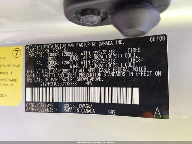 Aukcja sprzedaży 2009 Lexus Rx 350, vin: 2T2HK31U29C115388, numer aukcji: 45662509