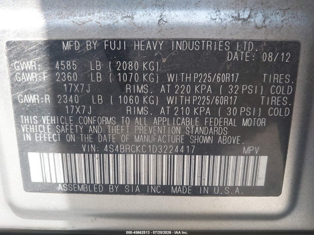 Продажа на аукционе авто 2013 Subaru Outback 2.5i Limited, vin: 4S4BRCKC1D3224417, номер лота: 45662513