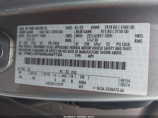 Продаж на аукціоні авто 2022 Ford Escape S, vin: 1FMCU0F60NUA07720, номер лоту: 45662516