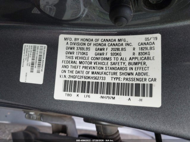 Honda Civic Lx 2019 2HGFC2F60KH562733 Image 9