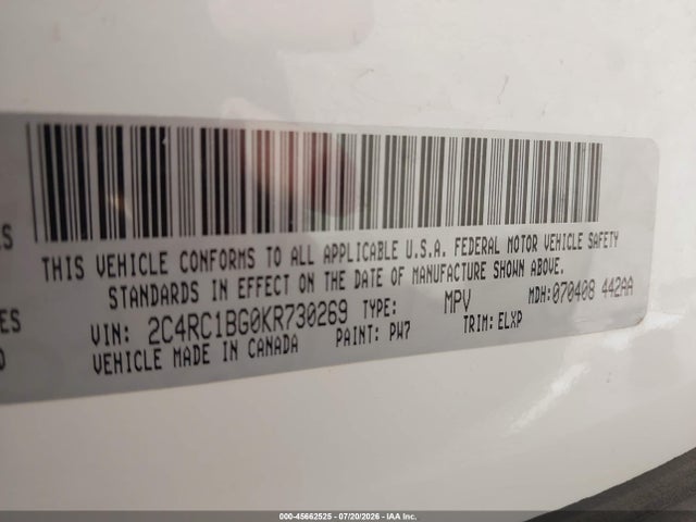 45662525 :رقم المزاد ، 2C4RC1BG0KR730269 vin ، 2019 Chrysler Pacifica Touring L مزاد بيع