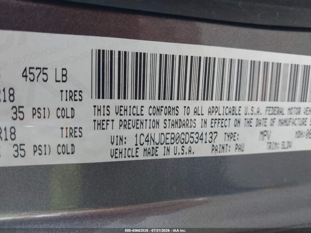45662526 :رقم المزاد ، 1C4NJDEB0GD534137 vin ، 2016 Jeep Compass High Altitude Edition مزاد بيع