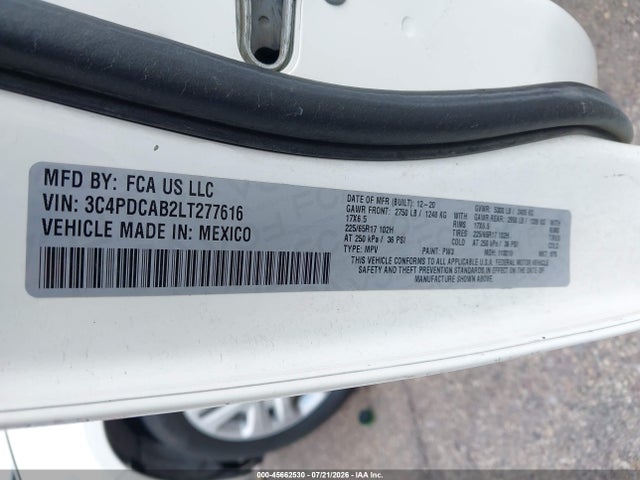 45662530 :رقم المزاد ، 3C4PDCAB2LT277616 vin ، 2020 Dodge Journey Se Value مزاد بيع
