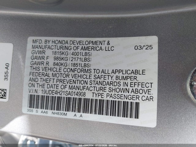 45662534 :رقم المزاد ، 19UDE4H21SA014908 vin ، 2025 Acura Integra مزاد بيع