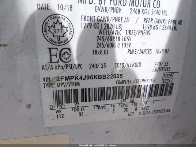Aukcja sprzedaży 2019 Ford Edge Sel, vin: 2FMPK4J96KBB22825, numer aukcji: 45662541