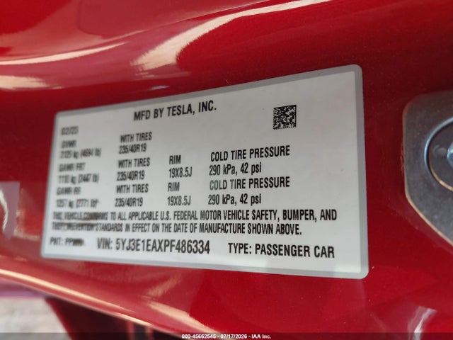 2023 Tesla Model 3 Rear-wheel Drive მანქანა იყიდება აუქციონზე, vin: 5YJ3E1EAXPF486334, აუქციონის ნომერი: 45662545