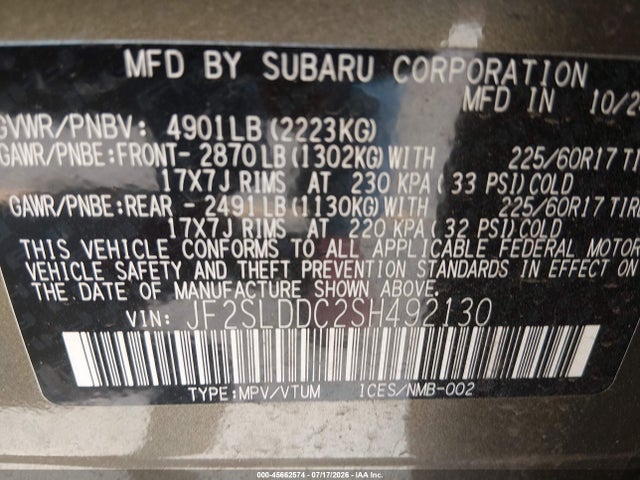 2025 Subaru Forester Premium მანქანა იყიდება აუქციონზე, vin: JF2SLDDC2SH492130, აუქციონის ნომერი: 45662574