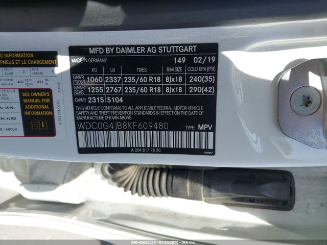 Aukcja sprzedaży 2019 Mercedes-benz Glc 300, vin: WDC0G4JB8KF609480, numer aukcji: 45662590