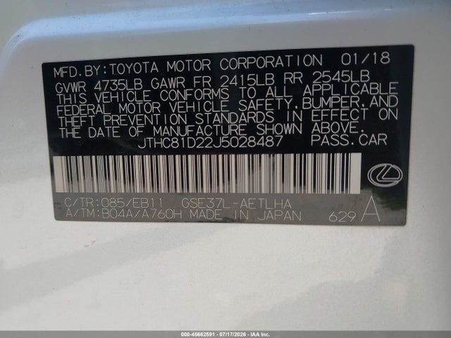 Продаж на аукціоні авто 2018 Lexus Is 300, vin: JTHC81D22J5028487, номер лоту: 45662591