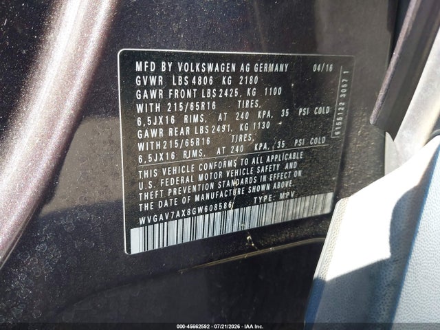 WVGAV7AX8GW608586 Volkswagen TIGUAN S