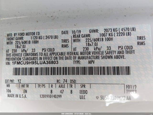 2020 Ford Escape Sel მანქანა იყიდება აუქციონზე, vin: 1FMCU9H95LUA36803, აუქციონის ნომერი: 45662598