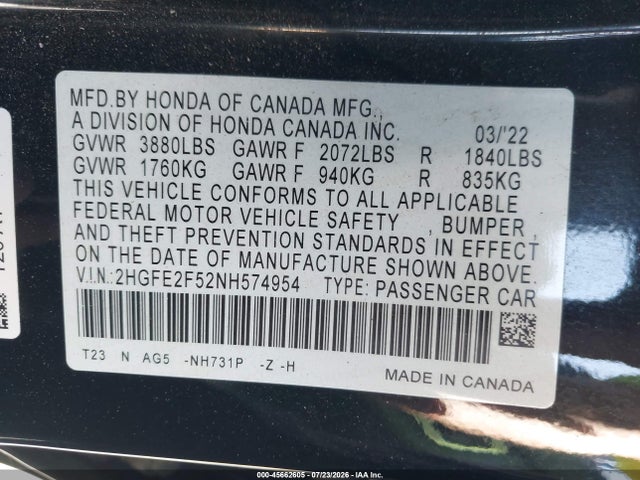 Honda Civic Sport 2022 2HGFE2F52NH574954 Image 9