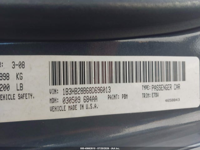 45662610 :رقم المزاد ، 1B3HB28B68D696013 vin ، 2008 Dodge Caliber Se مزاد بيع