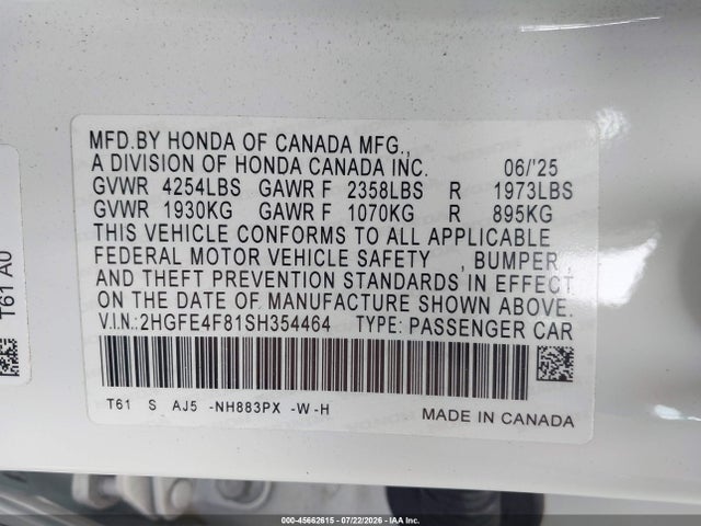 2HGFE4F81SH354464 Honda Civic Hybrid Sport/sport Touring