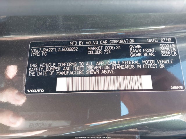 Продаж на аукціоні авто 2020 Volvo S60 T6 Inscription, vin: 7JRA22TL2LG036852, номер лоту: 45662619
