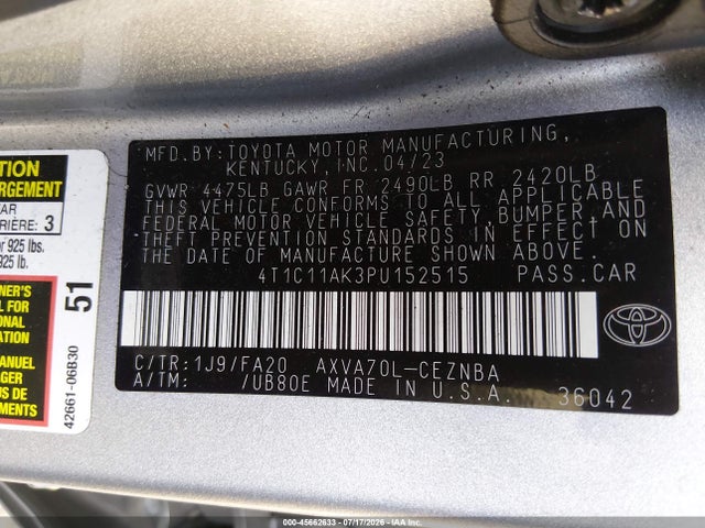 4T1C11AK3PU152515 Toyota CAMRY LE
